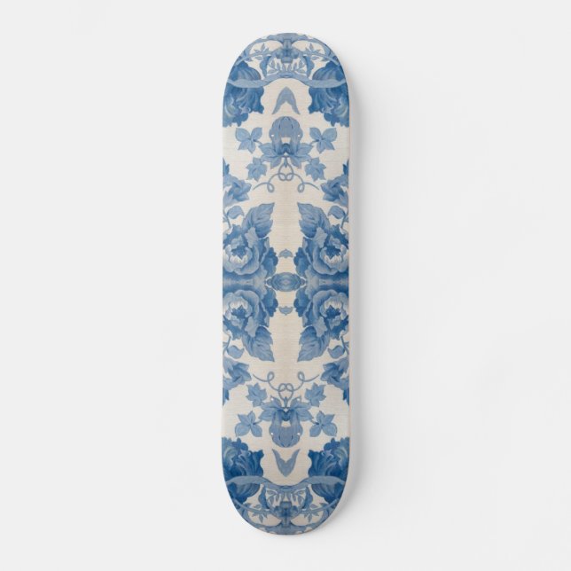 Elegant blue vintage floral skateboard (Front)