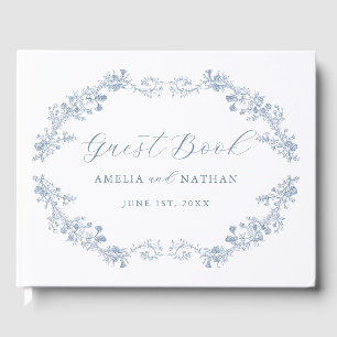 Elegant Blue Vintage Floral Wedding  Guest Book