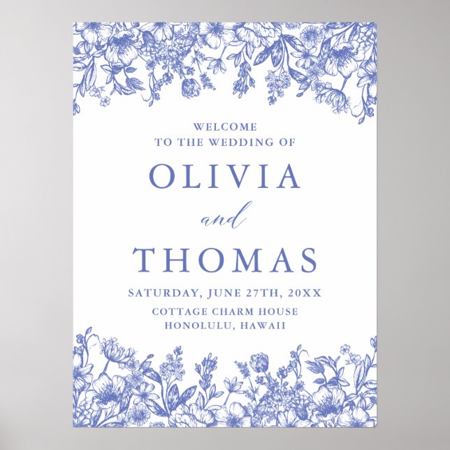 Elegant Blue Vintage Floral Wildflower Wedding Poster (Front)