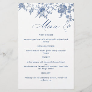 Elegant Blue Vintage Flowers Wedding Dinner Menu