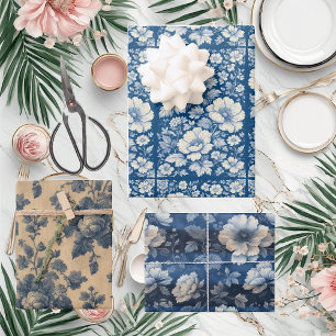 Elegant Blue Vintage French Engraved Floral Toile Wrapping Paper Sheet