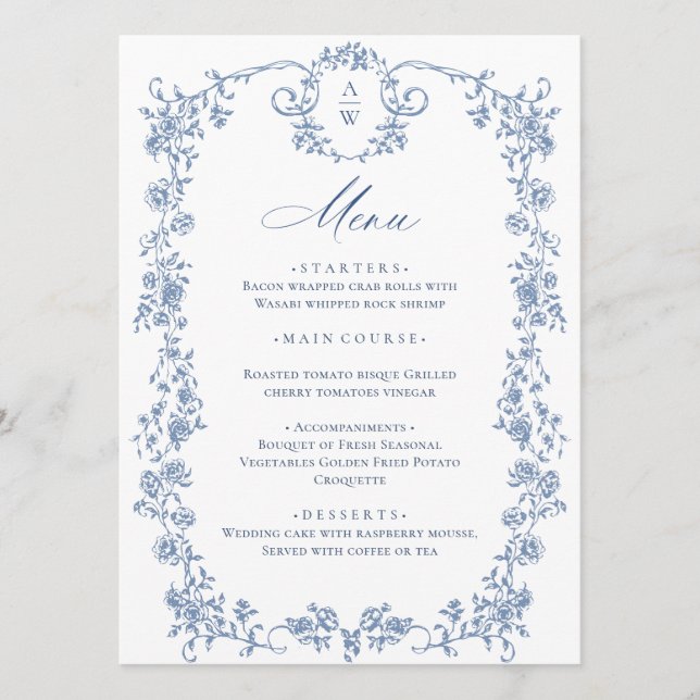 Elegant Blue Vintage Garden Flowers Wedding Dinner Menu (Front)