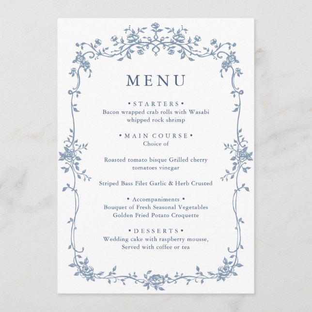 Elegant Blue Vintage Garden Flowers Wedding Dinner Menu (Front)