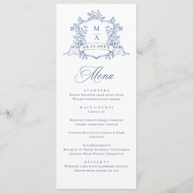 Elegant Blue Vintage Garden Flowers Wedding Dinner Menu (Front)