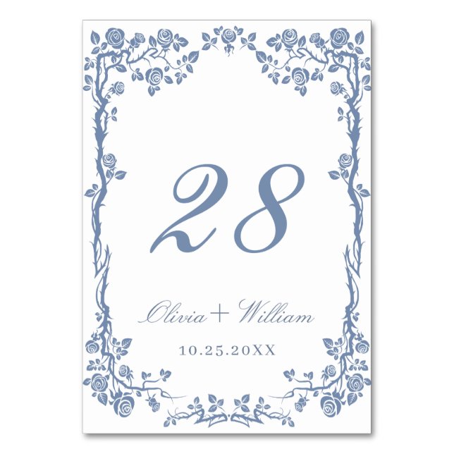 Elegant Blue Vintage Garden Flowers Wedding Table Number (Front)
