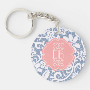 Elegant Blue Vintage Lace Personalised Monogram Key Ring