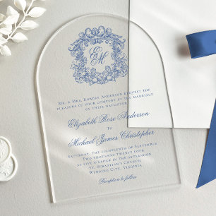 Elegant Blue Vintage Monogram Crest Arch Wedding Acrylic Invitations