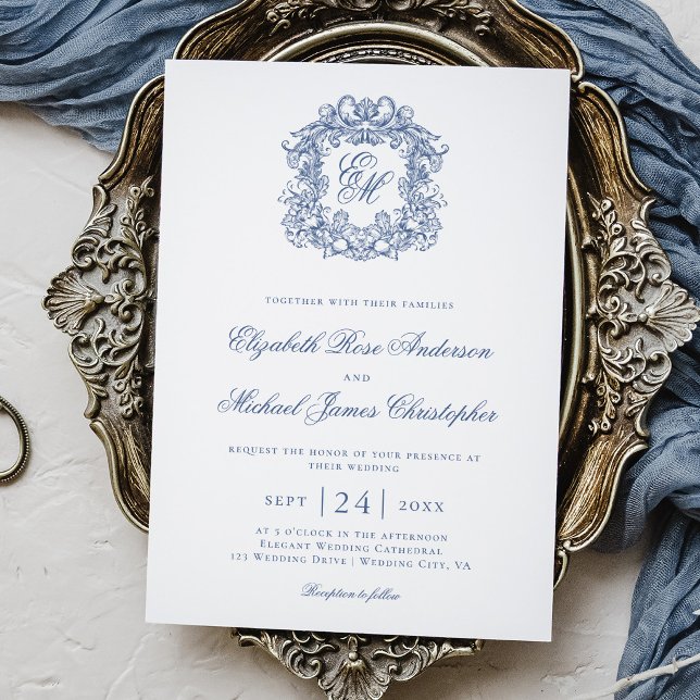 Elegant Blue Vintage Monogram Crest Wedding Invitation (Creator Uploaded)