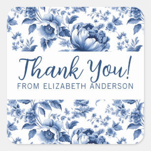 Elegant Blue Vintage Rose Floral Thank You Square Sticker