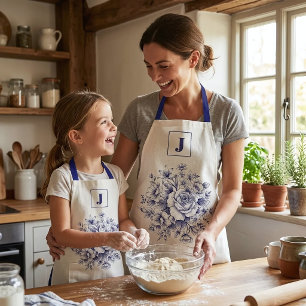 Elegant Blue Vintage Rose Monogram Apron