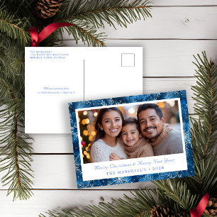 Elegant Blue Vintage Snowflakes Holiday Photo Postcard