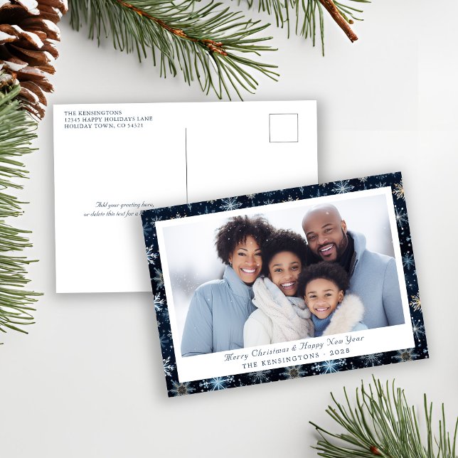 Elegant Blue Vintage Snowflakes Holiday Photo Postcard (Elegant Blue and White Snowflake Christmas Post Card)