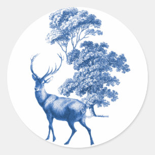 Elegant Blue Vintage Toile Deer in Forest Classic Round Sticker