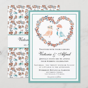 Elegant Blue Vintage Watercolor Love Birds Wedding Invitation