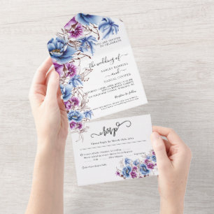 Elegant Blue Violet Flowery Wedding  All In One In Invitation