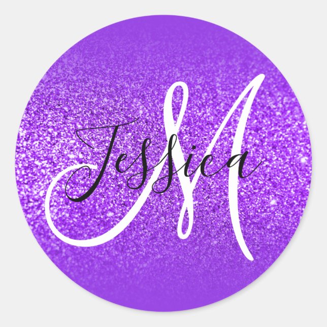Elegant Blue Violet Ombre Glitter Monogram Classic Round Sticker (Front)