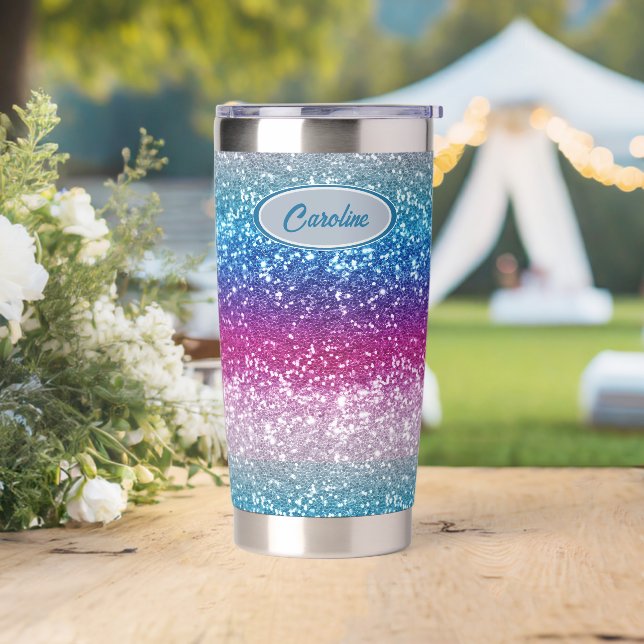 Elegant Blue Violet Pink Silver Glitter Monogram Insulated Tumbler (Wedding)