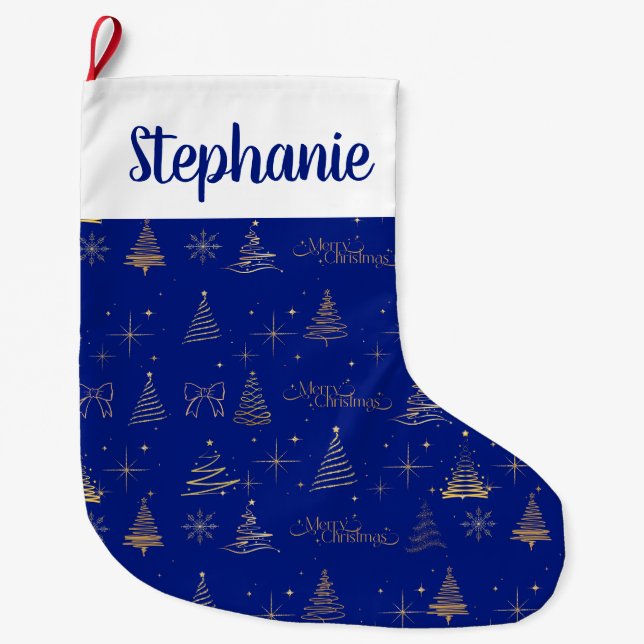 Elegant Blue W/ Gold Christmas Tree Doodles  Large Christmas Stocking (Front)