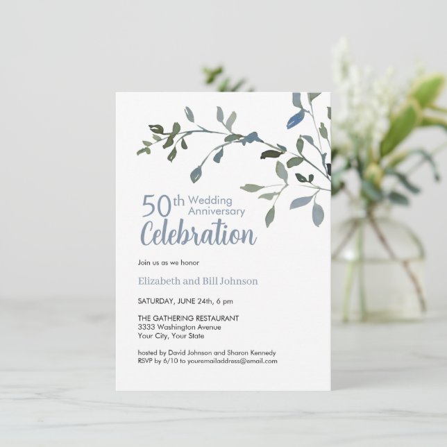 Elegant Blue Watercolor 25th Wedding Anniversary Invitation (Standing Front)