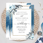 Elegant Blue Watercolor and Blue Floral Wedding Invitation<br><div class="desc">Elegant wedding invitation with blue watercolor flowing stain, exquisite corner bouquets and golden frames encasing your wedding details. Hand painted watercolor flowers and foliage in dusty blue, navy, white, sage, grey and caramel tones. Text section on top for parents, friends and family or you may change it to anything else...</div>