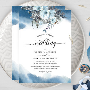 Elegant Blue Watercolor and Blue Floral Wedding Invitation