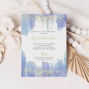 Elegant Blue Watercolor and Gold Baby Shower Invitation