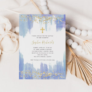 Elegant Blue Watercolor and Gold   Baptism Invitation