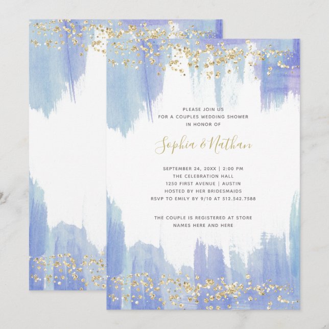 Elegant Blue Watercolor and Gold | Couples Shower Invitation (Front/Back)