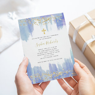 Elegant Blue Watercolor and Gold First Communion Invitation