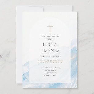 Elegant Blue Watercolor Arch First Communion Invitation