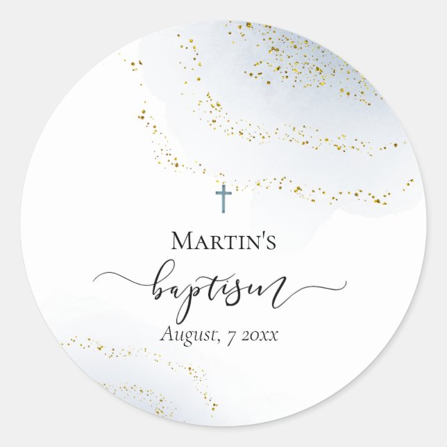 elegant blue watercolor baby boy Baptism Classic Round Sticker (Front)