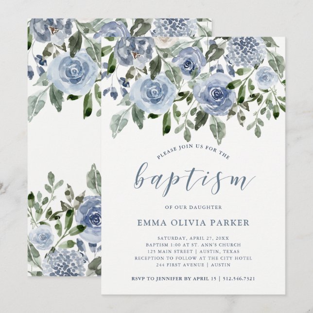 Elegant Blue Watercolor | Baptism Invitation (Front/Back)