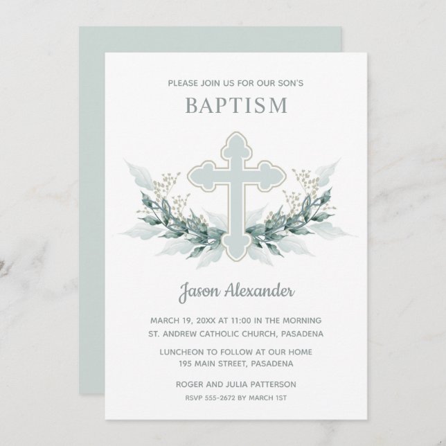 Elegant Blue Watercolor Baptism Invitations (Front/Back)