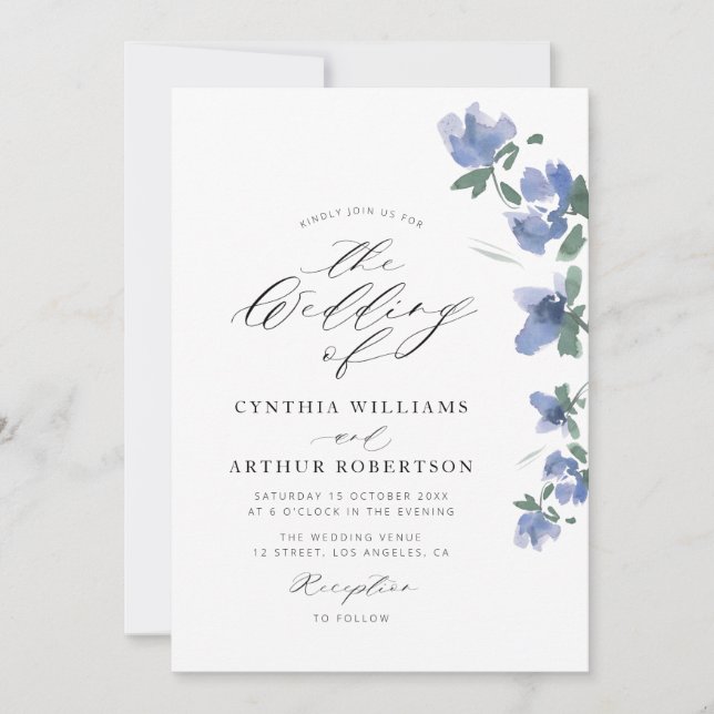 elegant blue watercolor blooms wedding invitation (Front)