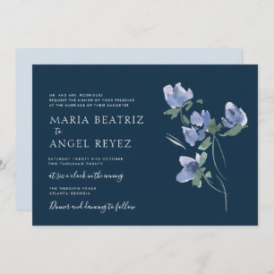elegant blue watercolor blooms wedding invitation