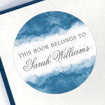 Elegant blue watercolor bookplate stickers<br><div class="desc">Elegant,  trendy book labels or bookplate stickers featuring blue watercolor borders top and bottom. Customisable dark grey text: "This book belongs to [Name Surname]"</div>