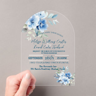 Elegant Blue Watercolor Botanical Floral Wedding Acrylic Invitations