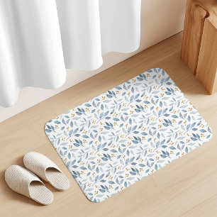 Elegant Blue Watercolor Botanical Pattern Bath Mat