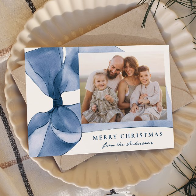 Elegant Blue Watercolor Bow 2 Photo Holiday Card (Creator Uploaded)