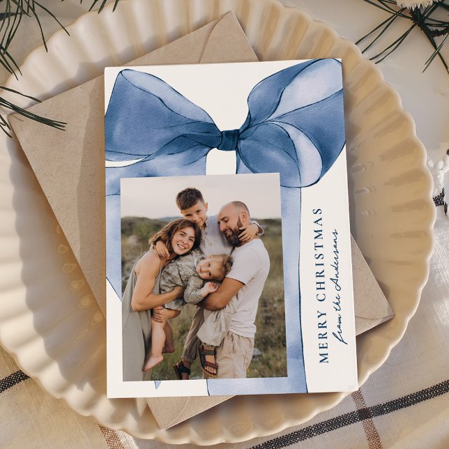 Elegant Blue Watercolor Bow 3 Photo Holiday Card (Creator Uploaded)