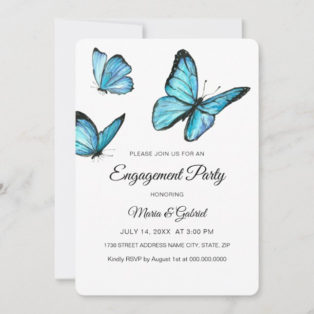 Elegant Blue watercolor butterflies Engagement Invitation (Front)