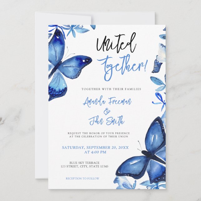 Elegant Blue Watercolor Butterflies Wedding Invitation (Front)
