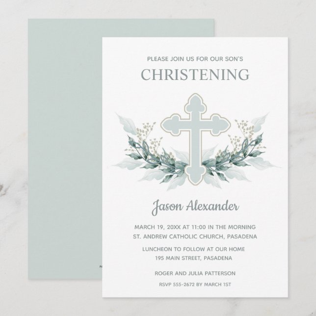 Elegant Blue Watercolor Christening Invitations (Front/Back)