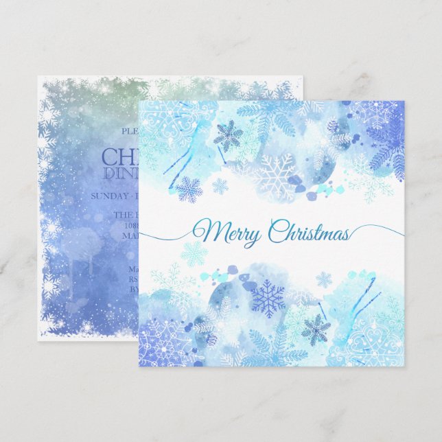 Elegant Blue Watercolor Christmas Party Invitation (Front/Back)