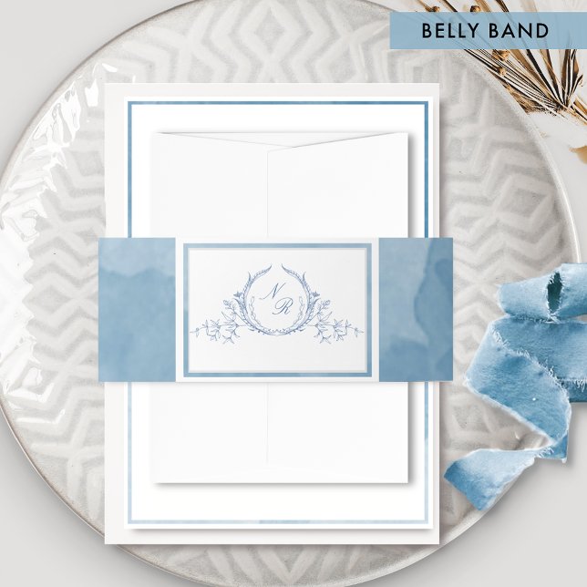 Elegant Blue Watercolor, Classic Monogram Wedding Invitation Belly Band (Creator Uploaded)