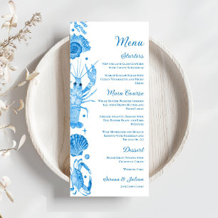 Elegant Blue Watercolor Coastal Seafood Wedding Menu