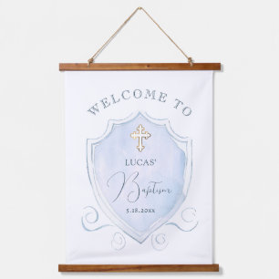 Elegant Blue Watercolor Crest Baptism Welcome Hanging Tapestry