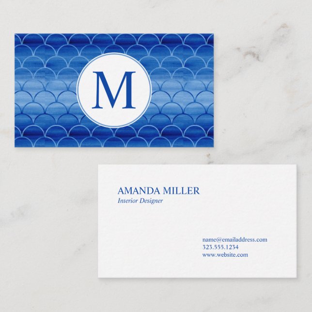 Elegant Blue Watercolor Fan Shape Pattern Monogram Business Card (Front/Back)