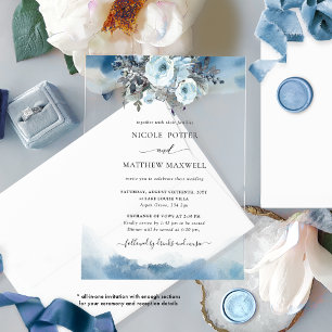 Elegant Blue Watercolor Floral All In One Wedding Acrylic Invitations