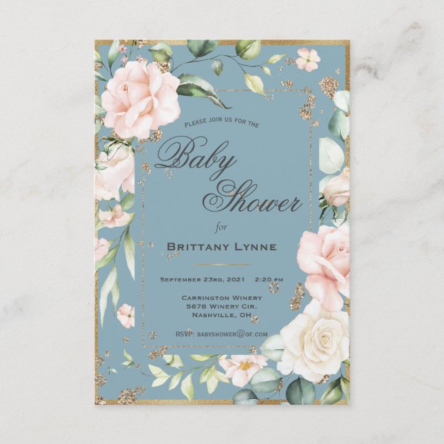 Elegant Blue Watercolor Floral Baby Shower  Invitation (Front)